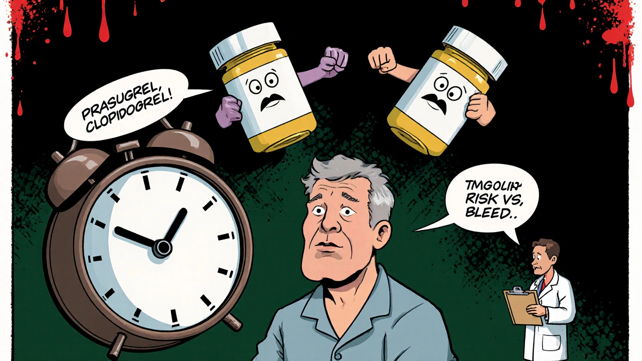 A man surrounded by arguing drug labels in a chaotic cartoon setting with medical symbols.