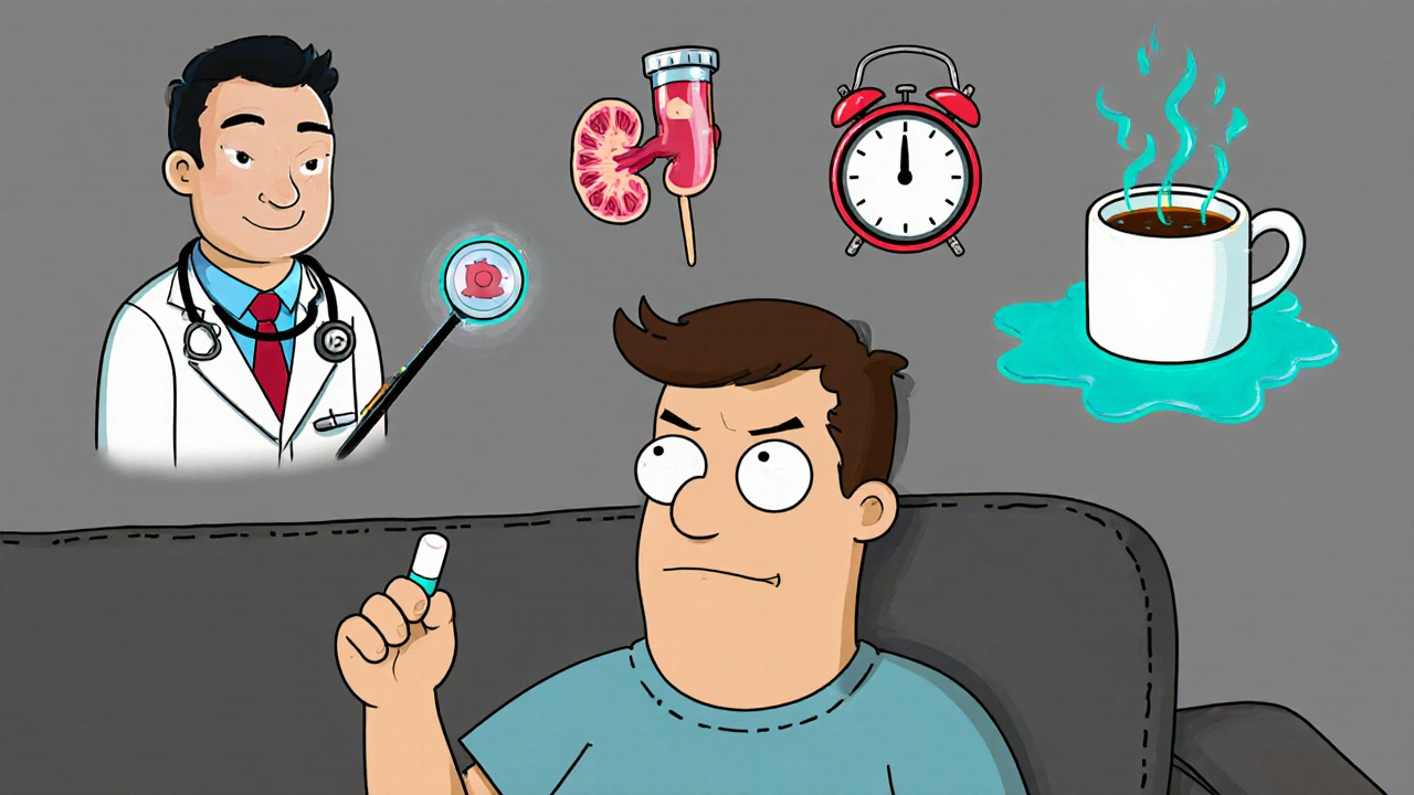 A patient holding a lithium pill while floating medical symbols hover above in satirical cartoon style