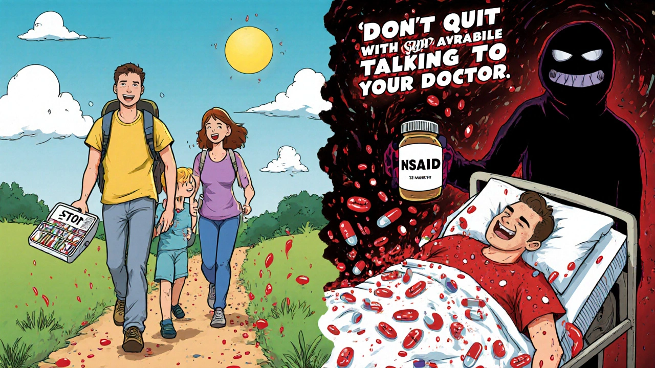 Split scene: healthy life vs. medical emergency with floating warning signs and pills.