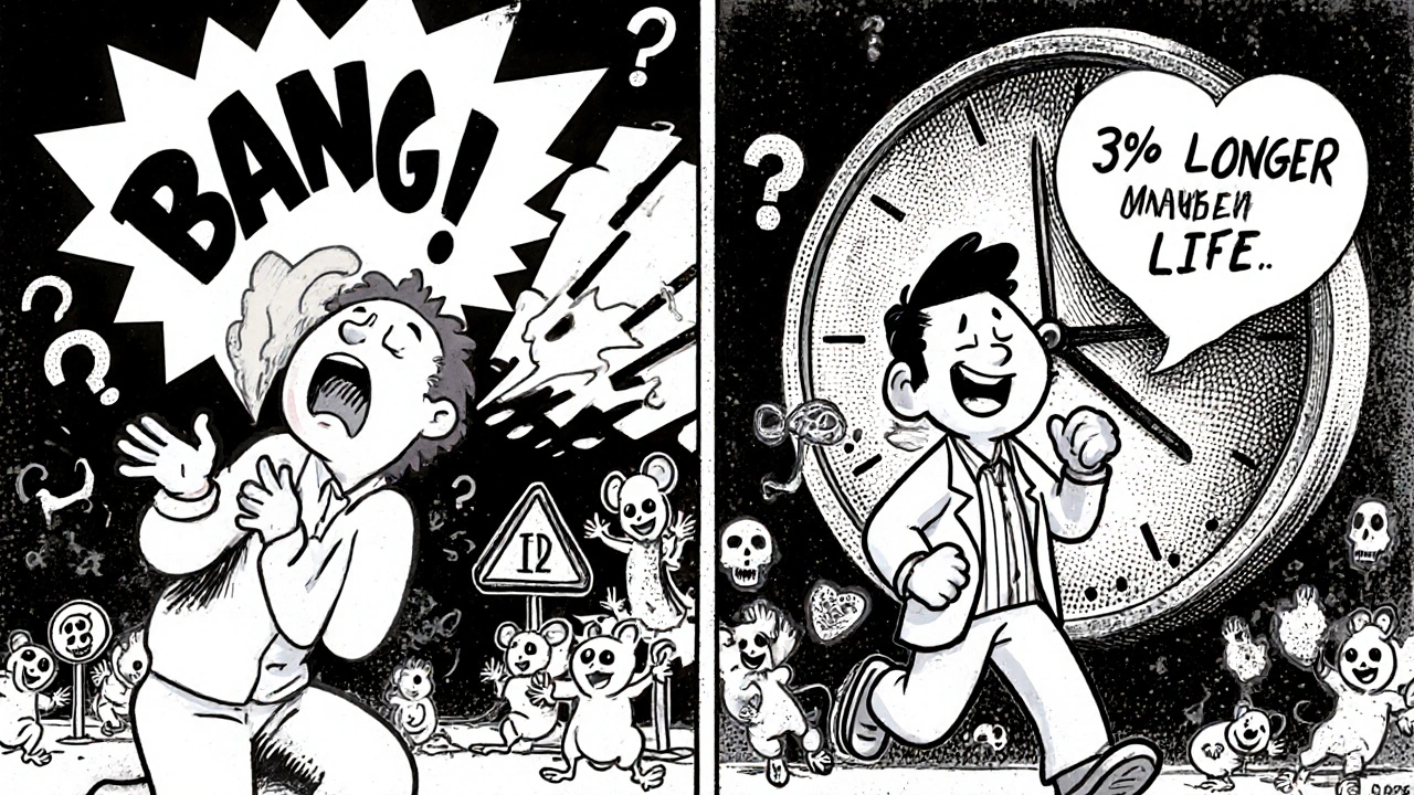 Split scene: person fainting after stopping medication vs. healthy person jogging with life expectancy bubble.