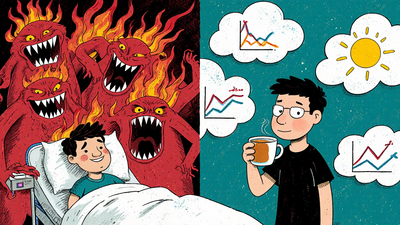 Split-screen of manic hospital chaos versus calm stability with lithium as a glowing sun in Adult Swim style