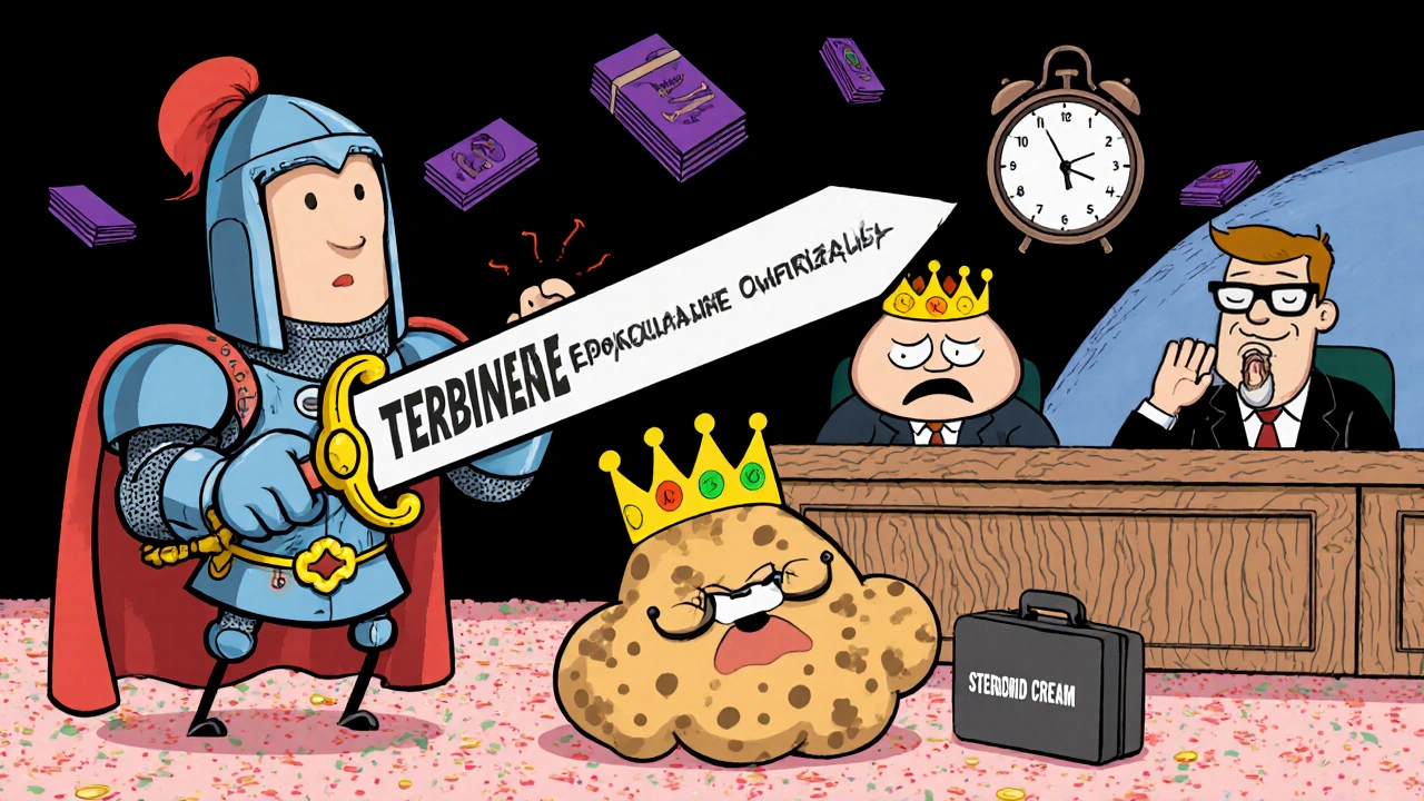 A knight-like antifungal drug battling a fungal king inside a skin cell courtroom