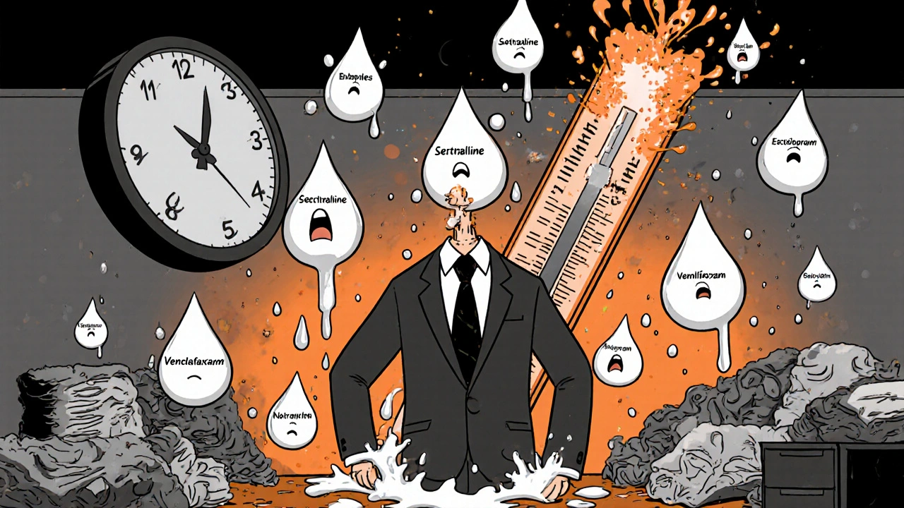 A man in a suit surrounded by screaming sweat droplets and exploding thermometer in an office.