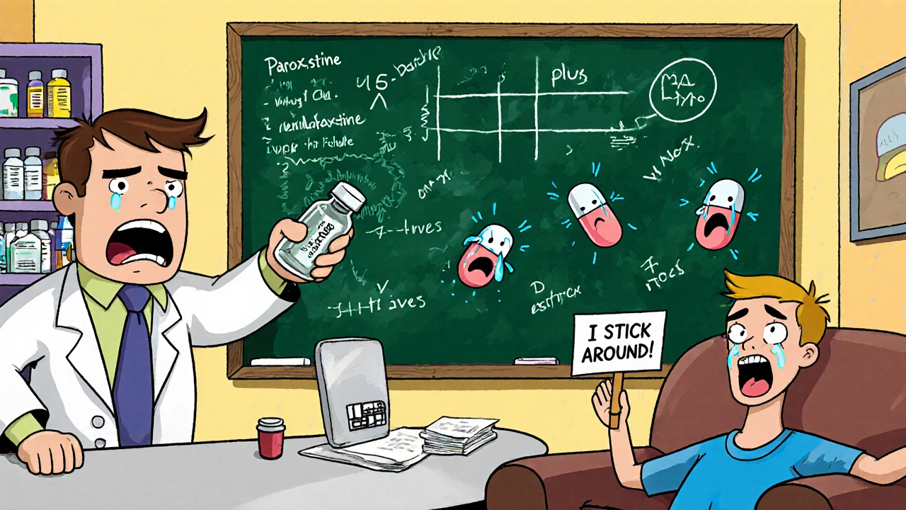 A nervous patient and cartoon doctor at a pharmacy with liquid taper vials and screaming pills.