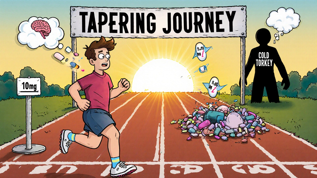 A person running a tapering marathon, dodging brain zaps, nearing a calm brain sunrise.