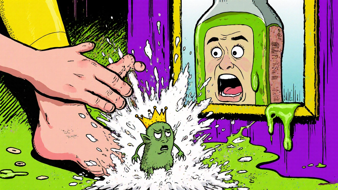 A person sprinkling antifungal powder between their toes while a tiny fungus panics