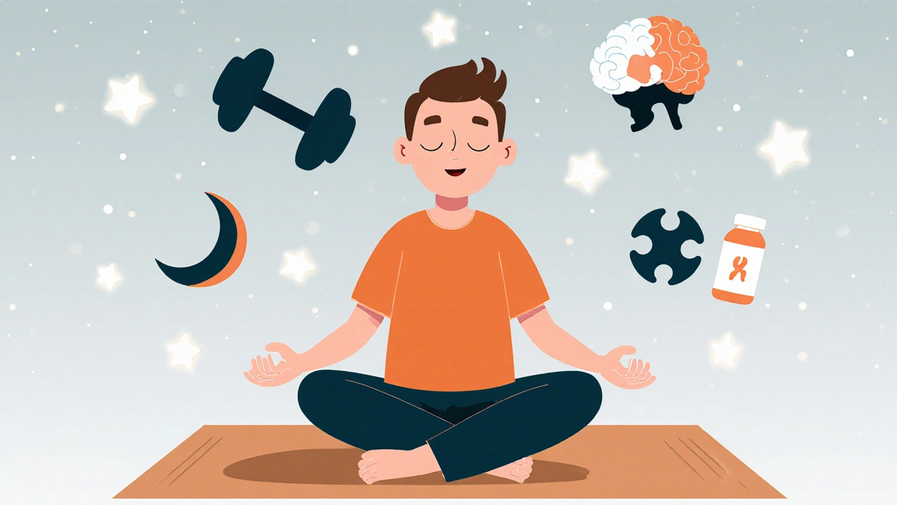 Adult Swim cartoon of a person practicing mindfulness, exercising, and sleeping with stress‑relief icons.