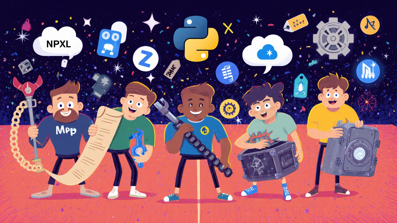 Cartoon arena with five characters representing major automation platforms holding symbolic tools.