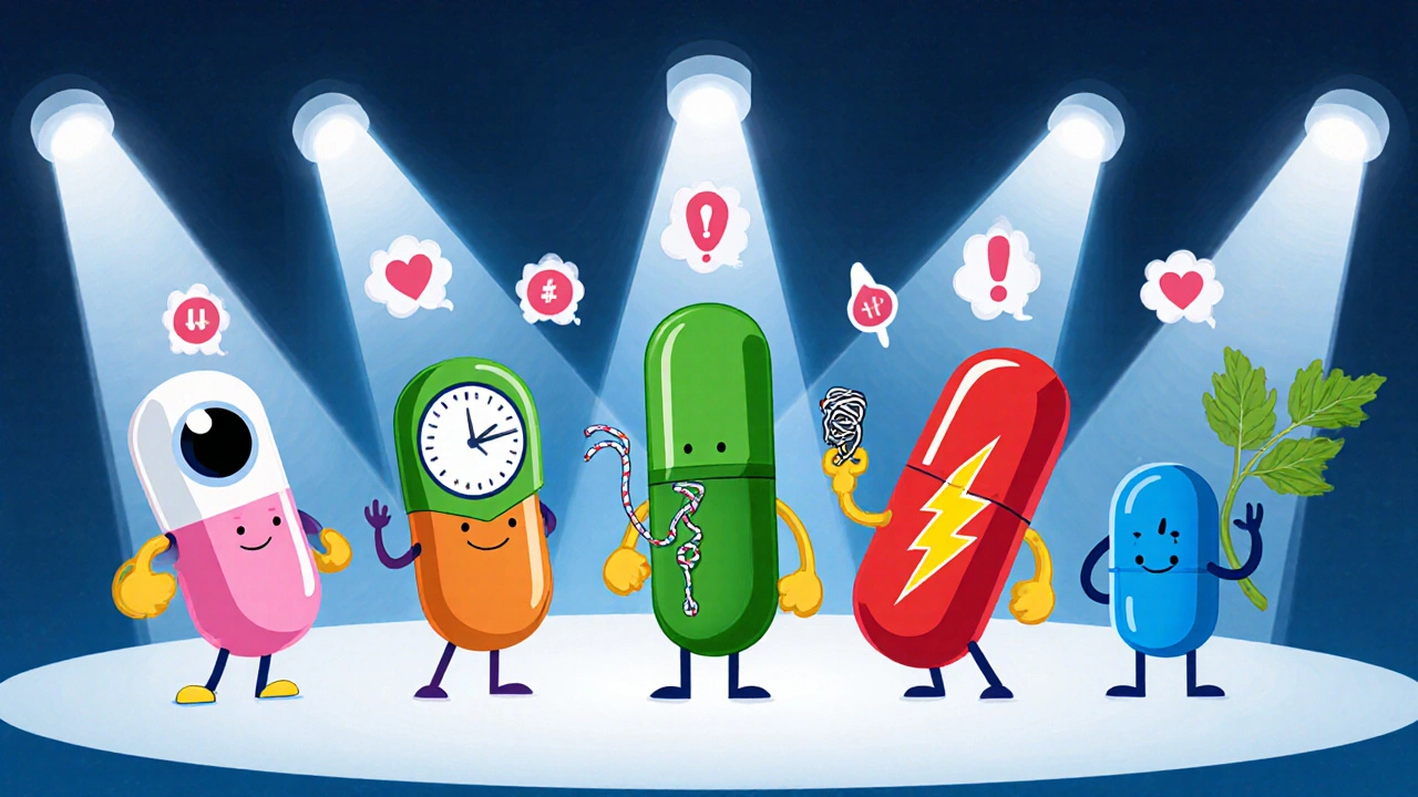 Cartoon characters personifying different ED and PE drugs holding visual cues like clocks and hearts.