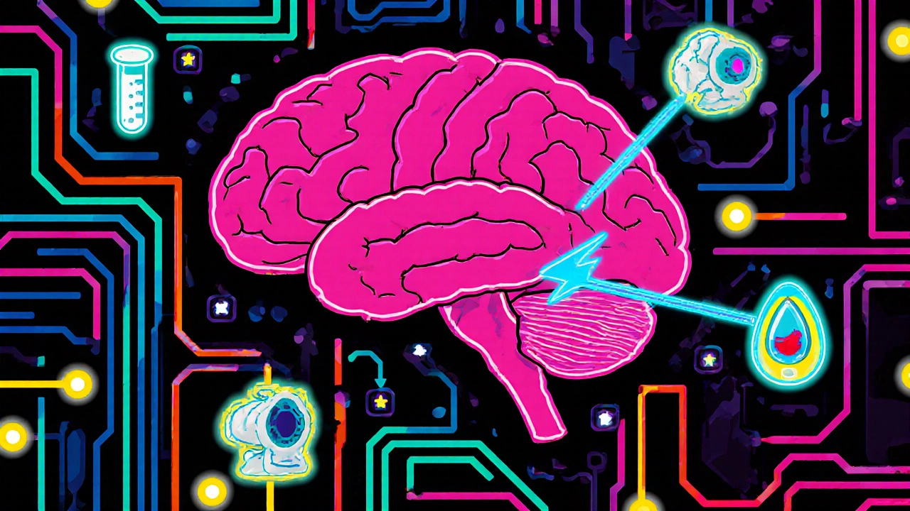Cartoon depiction of HPA axis and serotonin pathways with cortisol and hormone icons.