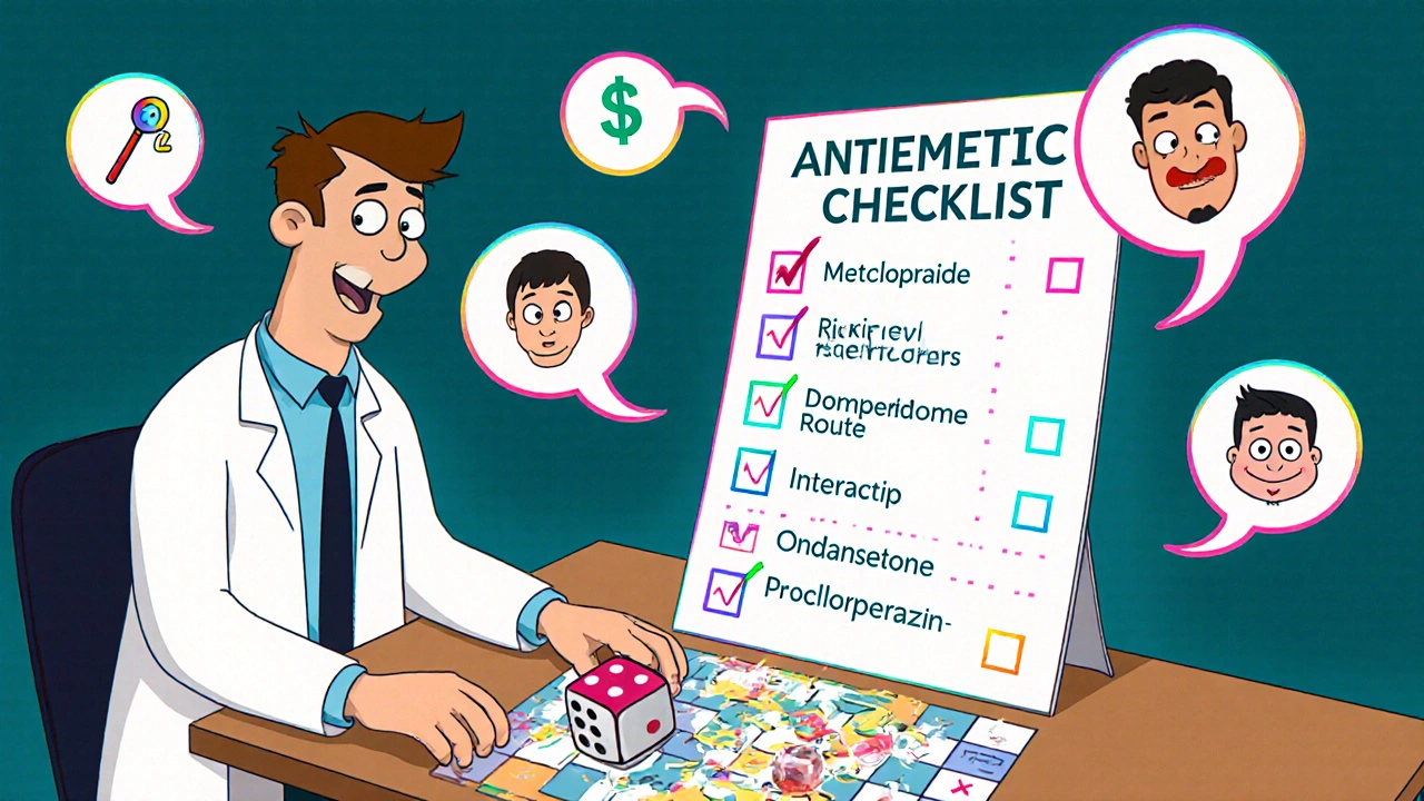 Cartoon doctor rolling dice over a checklist with drug icons as decision aids.