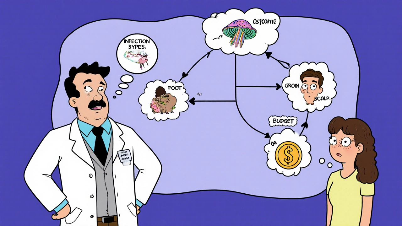 Cartoon doctor showing a decision tree linking infection factors to specific antifungal products.