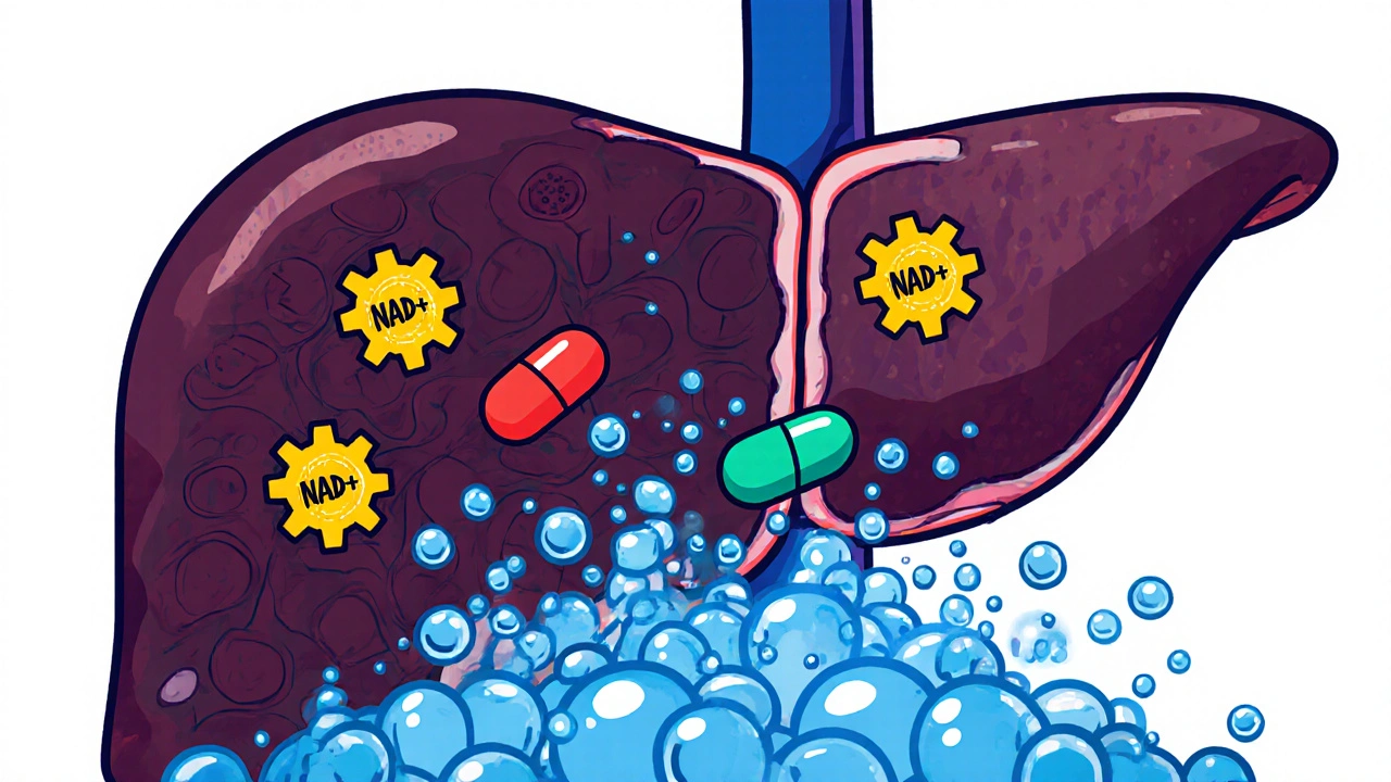 Cartoon liver cross‑section showing alcohol, metformin, and rising lactate bubbles.