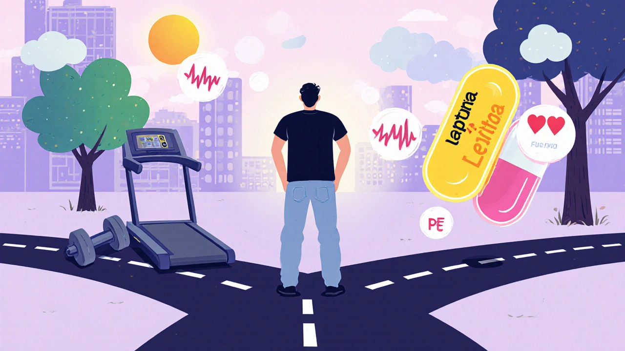 Cartoon man at a forked path with health and medication icons representing lifestyle and treatment choices.