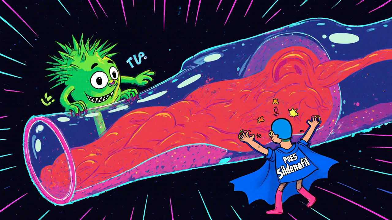 Cartoon scene of a blue superhero blocking a green enzyme in a blood vessel.