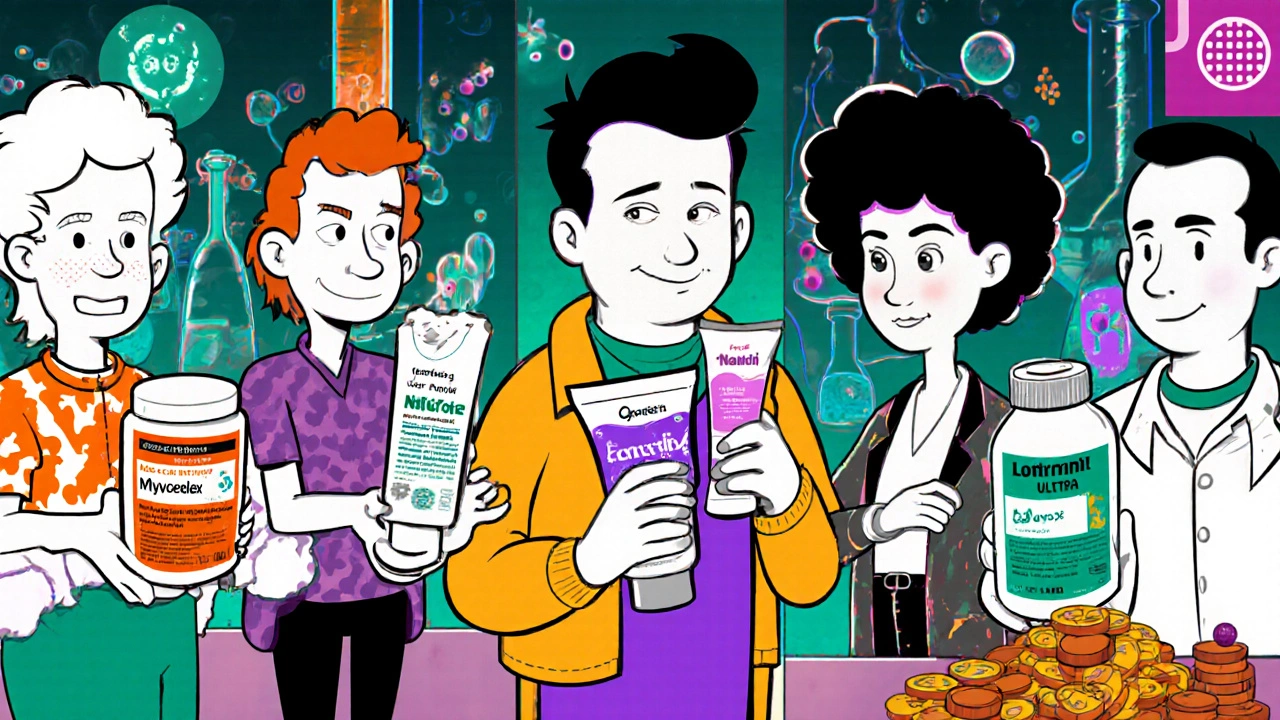 Cartoon split-screen comparing five antifungal creams with icons for speed, price, and spectrum.