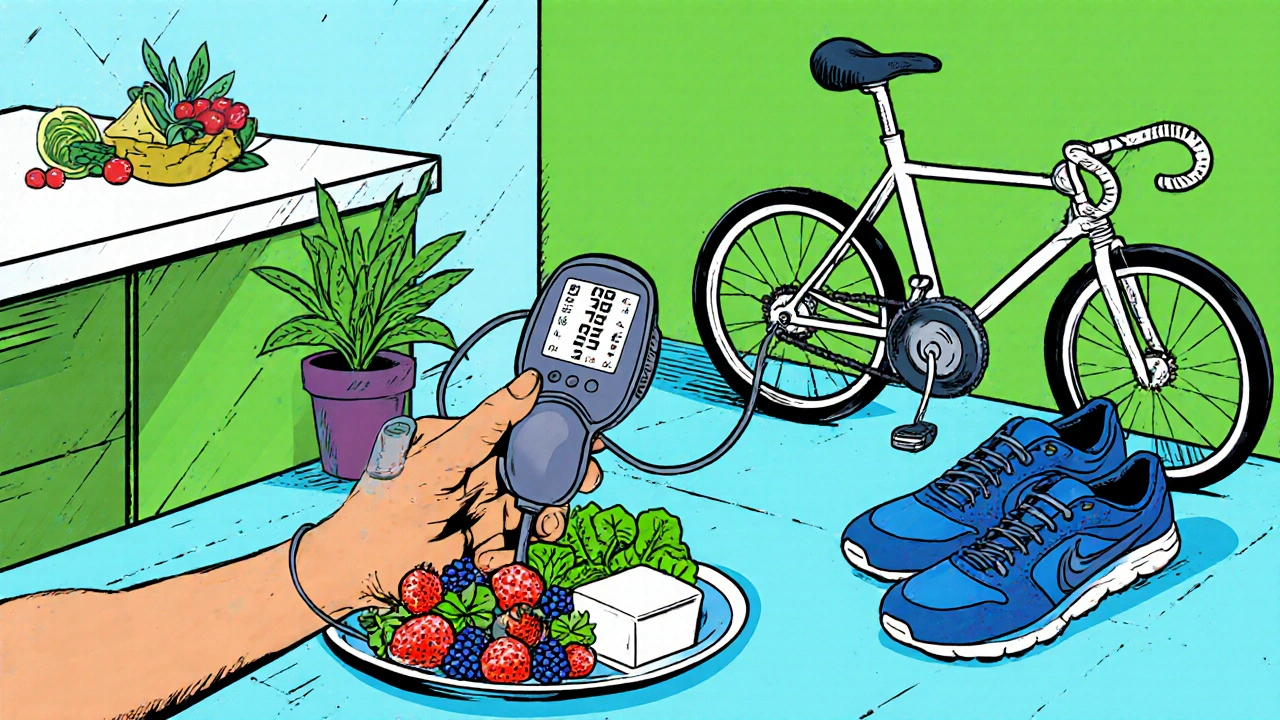 Comic‑style scene of a person checking BP, eating healthy, exercising, and relaxing.
