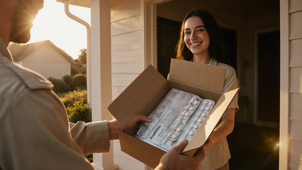 Courier delivering a box containing generic duloxetine capsules to a homeowner.