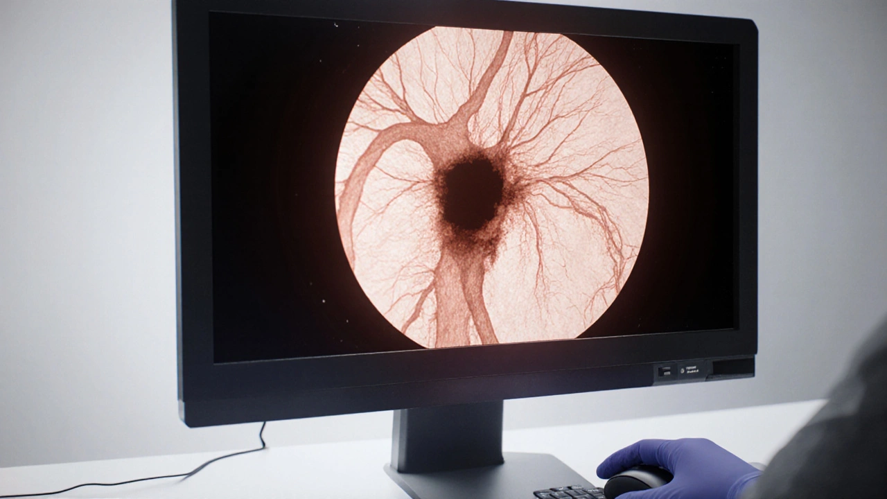 CT angiography image of a kidney with a dark clot blocking the renal artery.