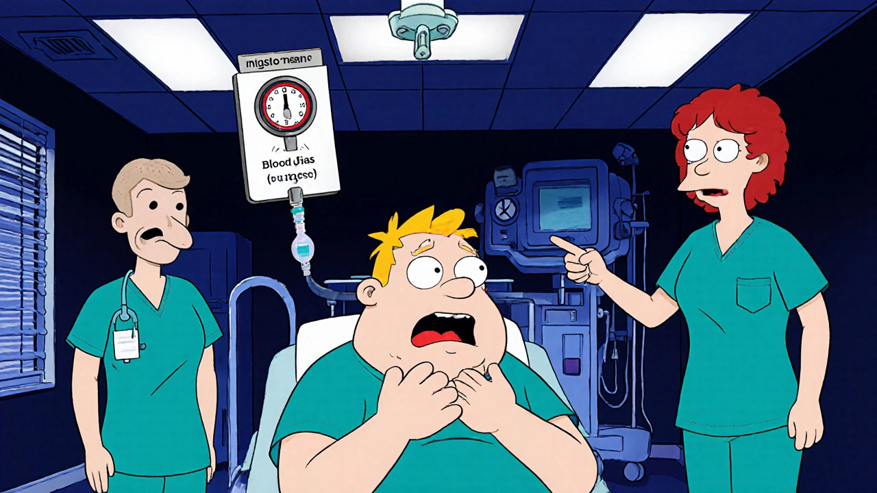 Emergency room scene with patient, nurses, IV drip, and dialysis machine.