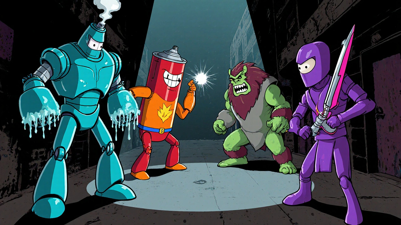 Five cartoon inhaler characters facing off in a stylized alley.