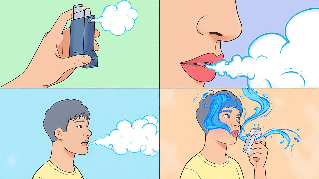 Four-panel comic showing steps to use an inhaler without text.