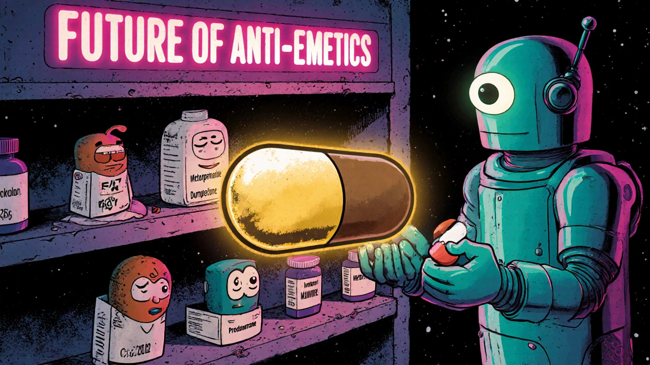 Futuristic pharmacy aisle with glowing new drug above older cartoonized antiemetics.