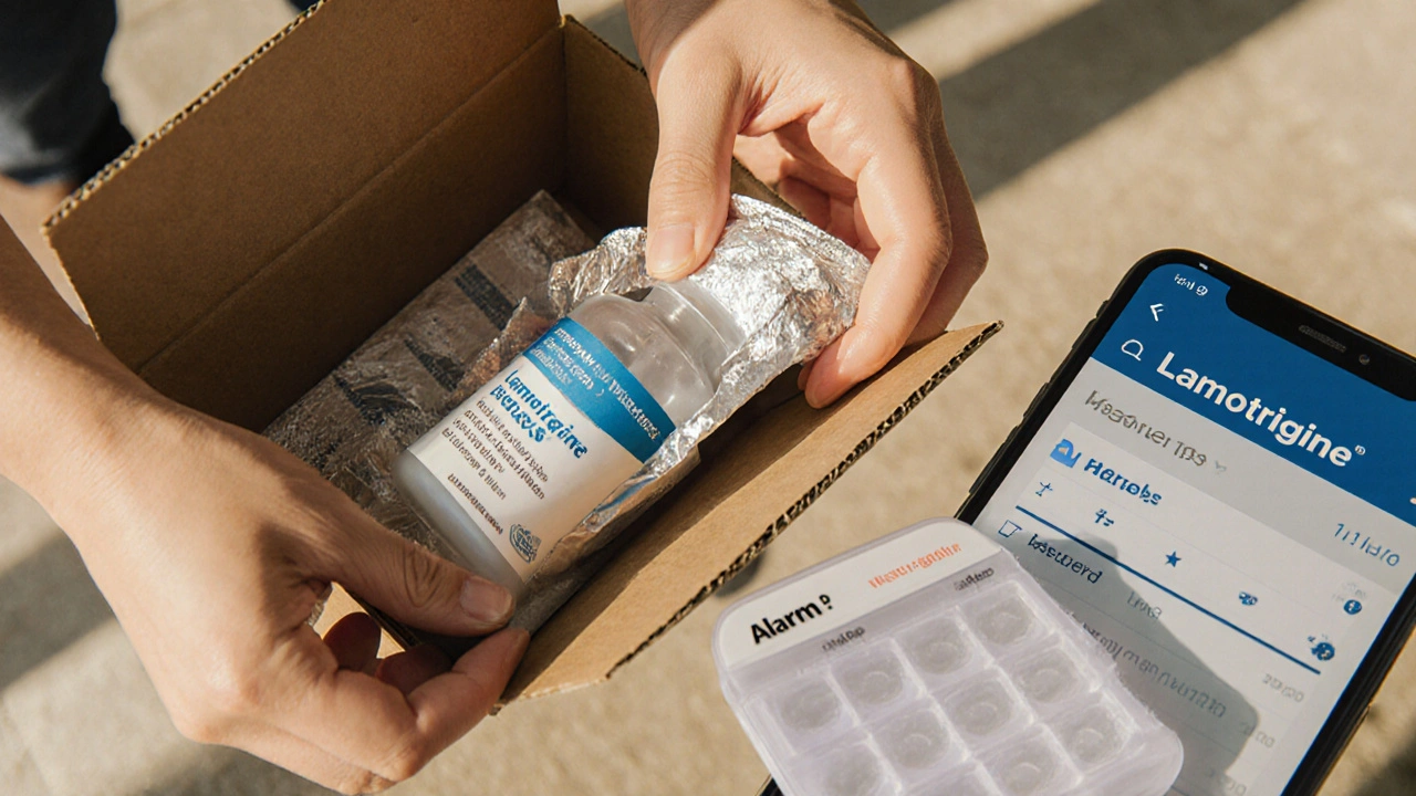 Hands opening a delivery box showing lamotrigine tablets next to a pill organizer.