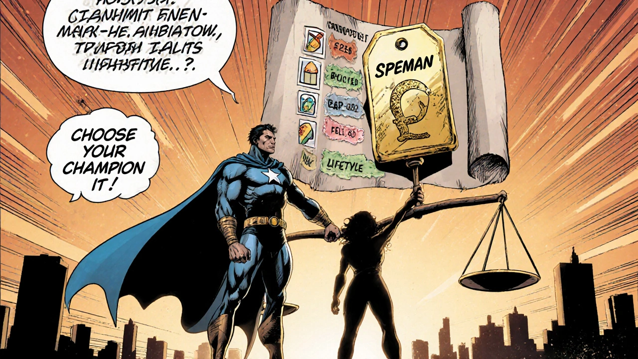 Hero at a scale choosing between Speman and cheaper alternatives, with a checklist backdrop.