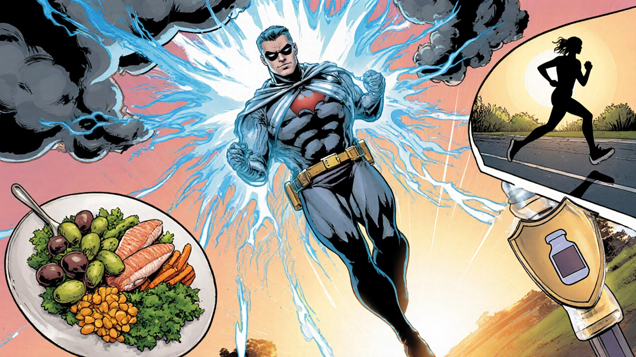 Hero doctor performing plasma exchange surrounded by healthy food and exercise.