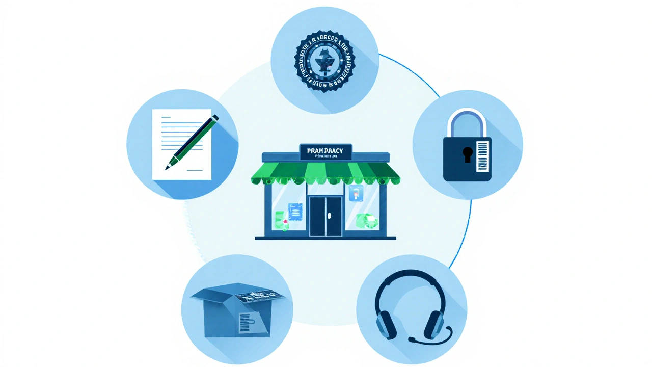 Illustrated checklist icons for safe online pharmacy selection.