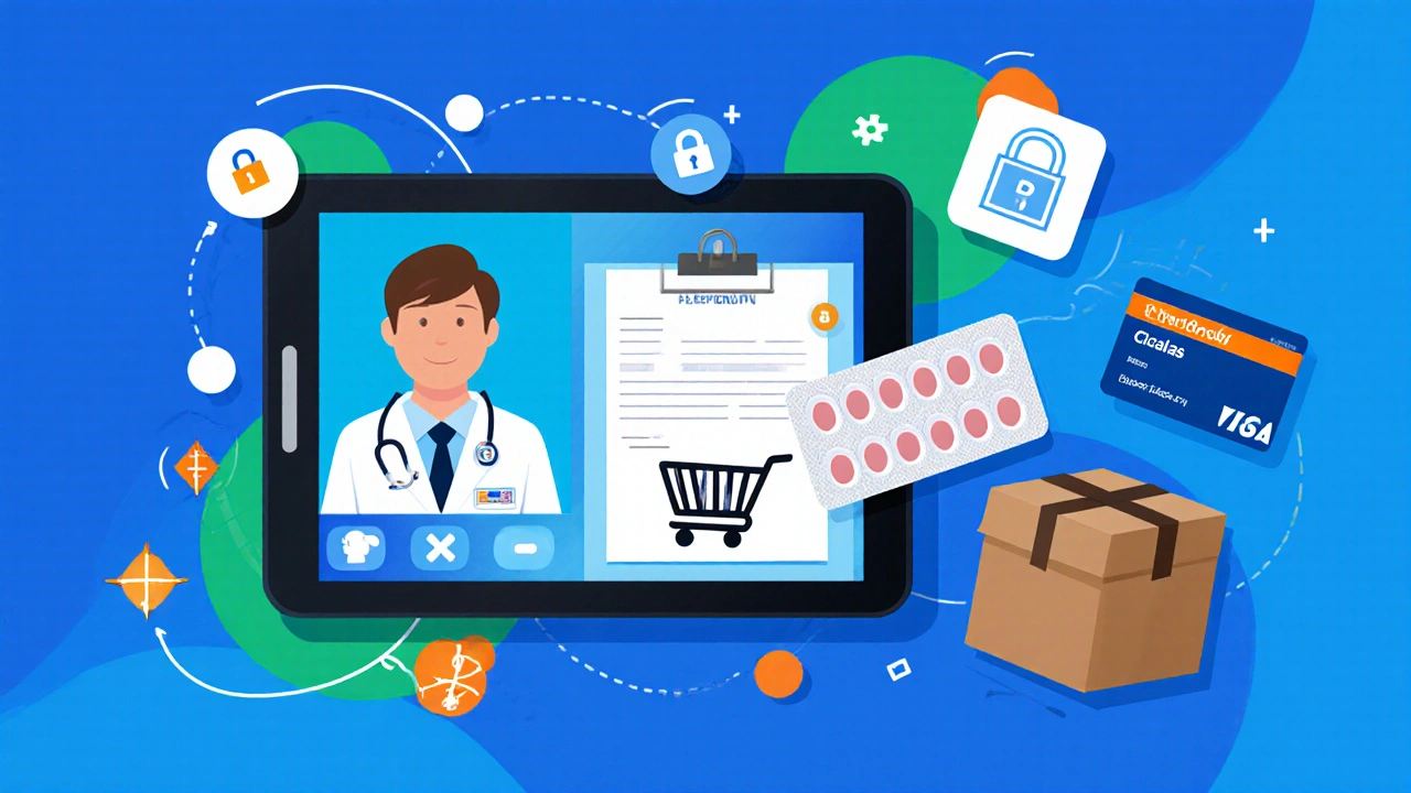 Illustration of telehealth video call, prescription icon, and pill cart.