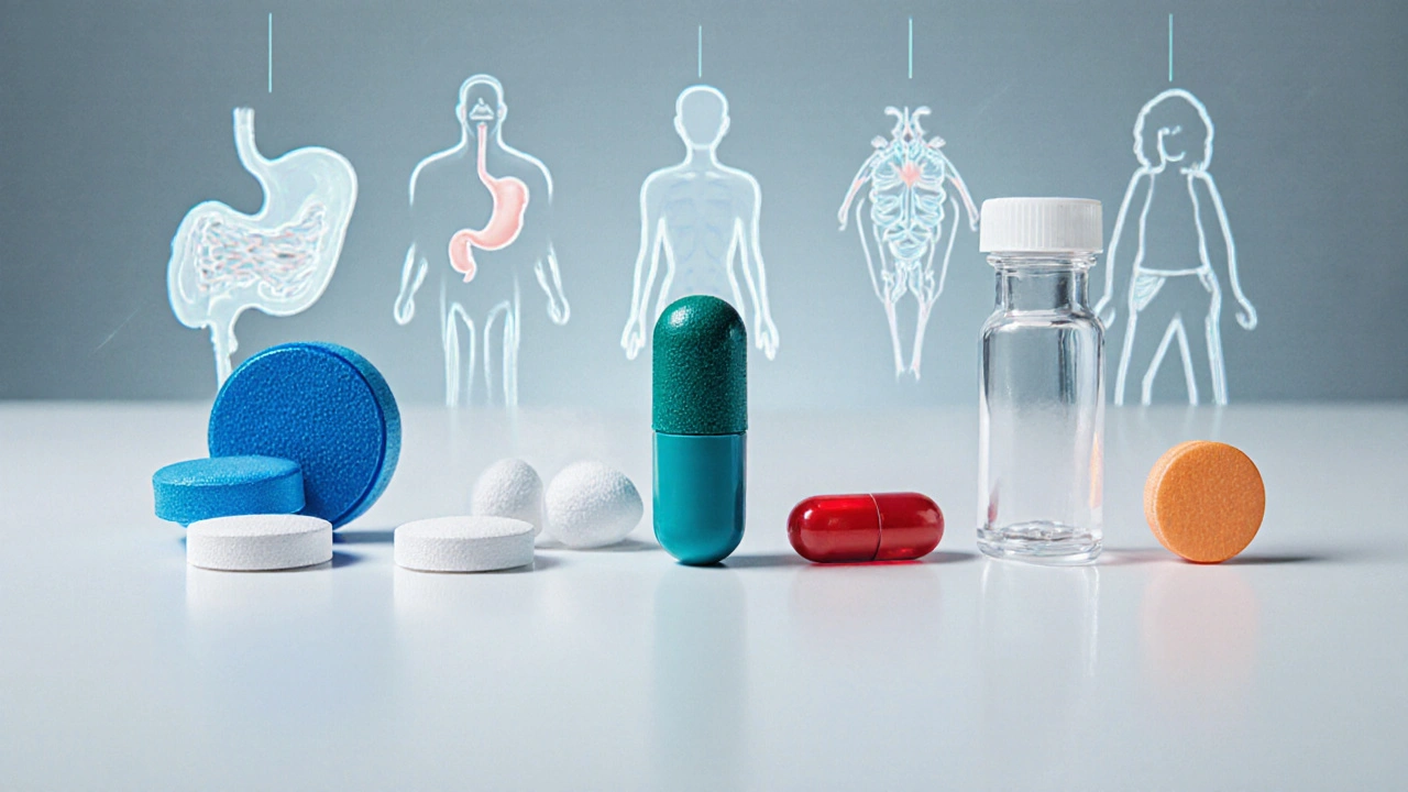 Lineup of different pain‑relief pills and gel with anatomical silhouettes of stomach, heart, and joint behind each.