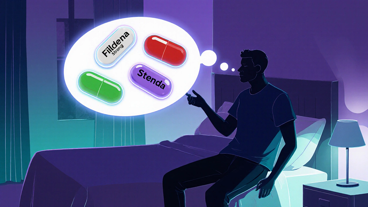 Man contemplating three glowing pill icons floating above a bed.