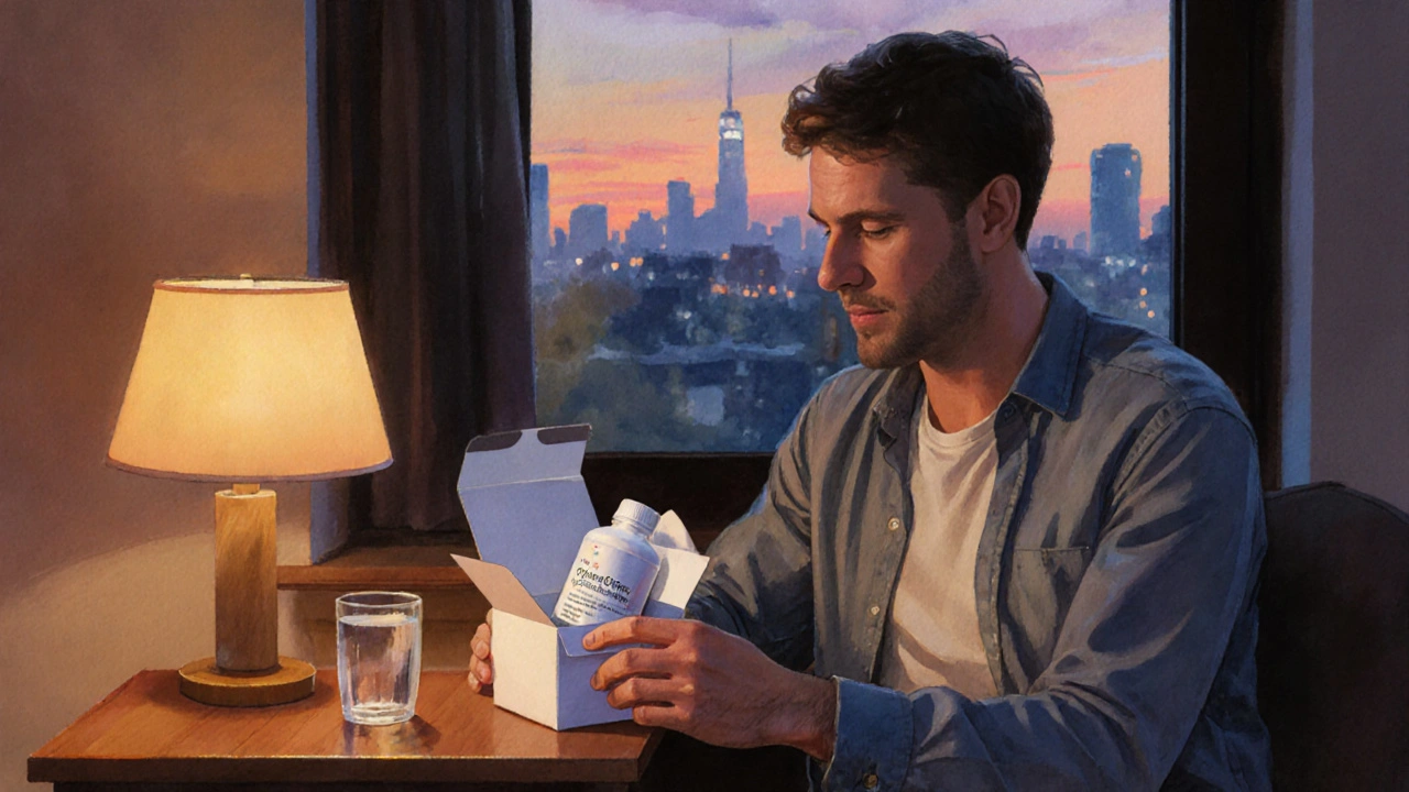 Man opening discreet package showing Cialis bottle, feeling relieved.