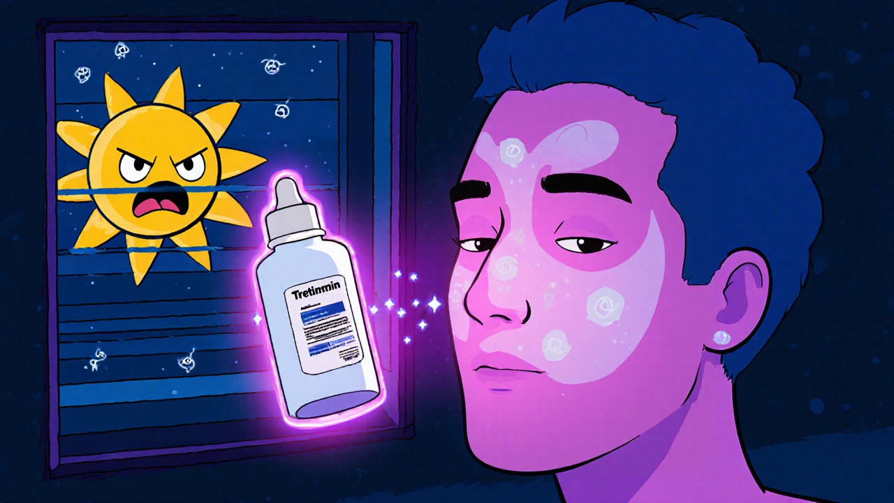 Nighttime bathroom scene with glowing tretinoin bottle and moisturizer shield on skin