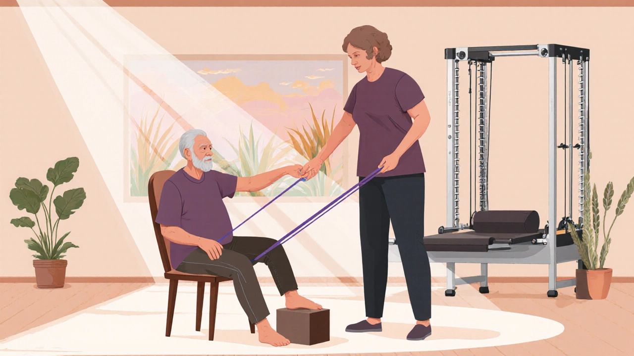 Older adult using chair, block, and resistance band for a beginner Pilates exercise with instructor.