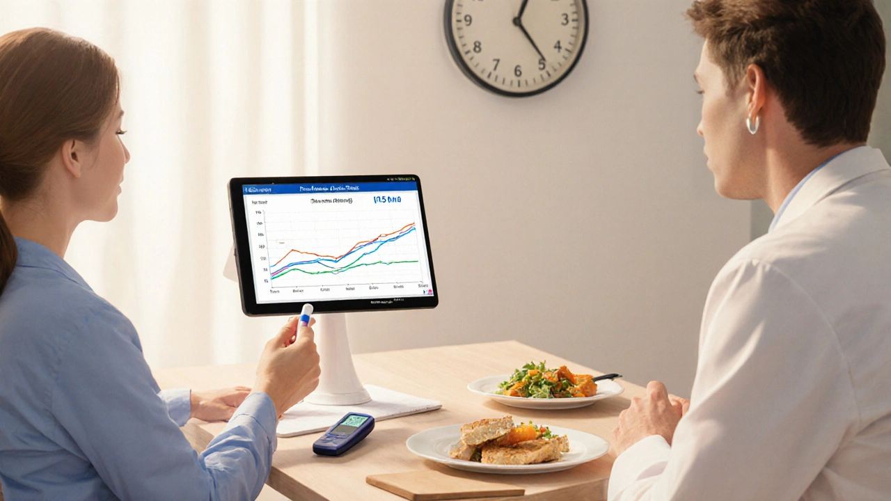 Patient and doctor reviewing glucose data with a Prandin pill and meal timing clock on the table.