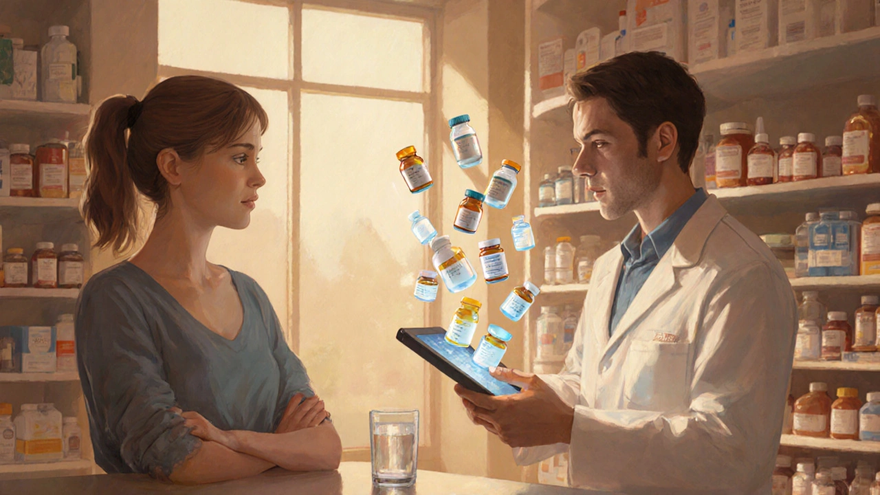 Patient and pharmacist discussing medication options, with a tablet showing floating pill icons and bottles on the counter.