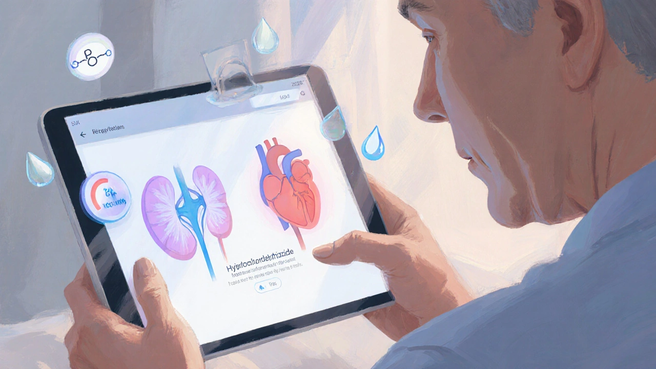 Patient reviewing health app with split view of kidney and heart symbols.