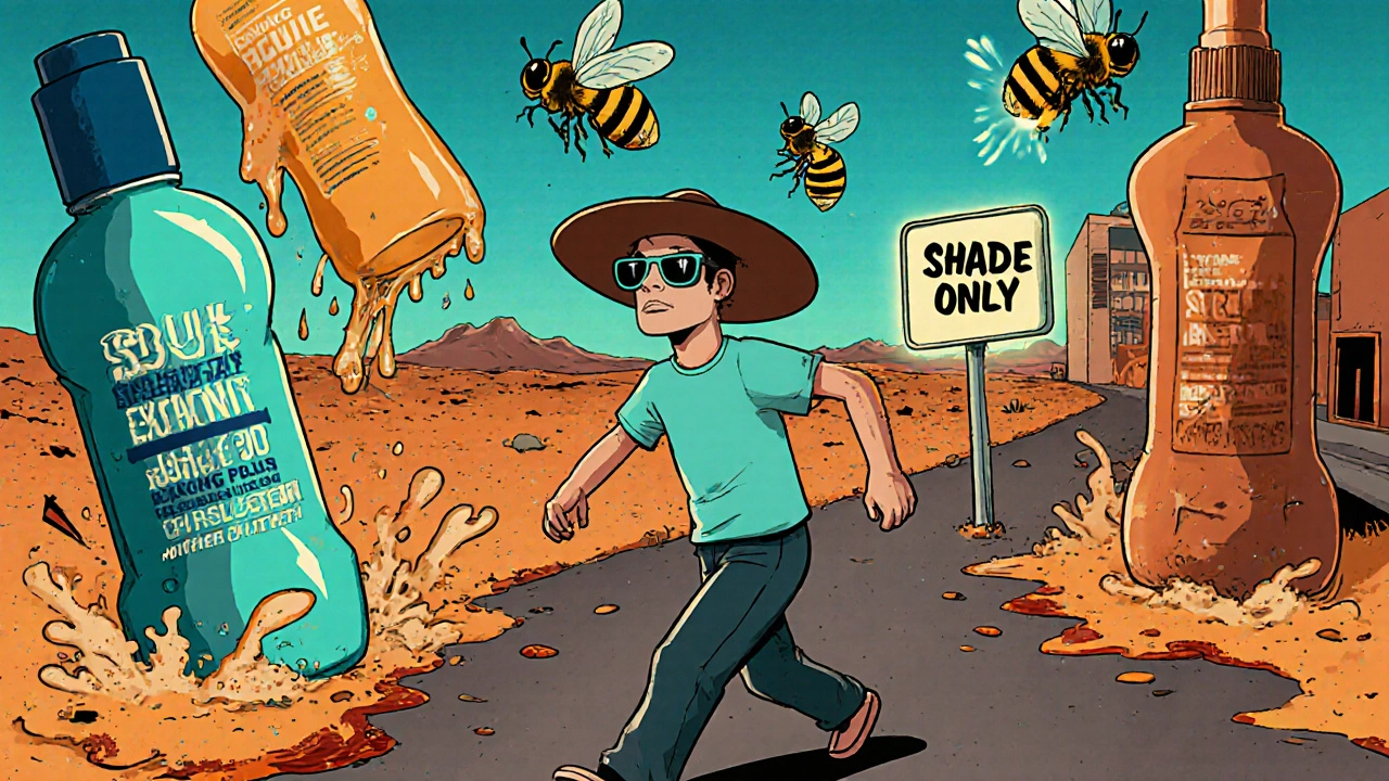 Person dodging angry skincare products while wearing sun protection in a surreal desert street