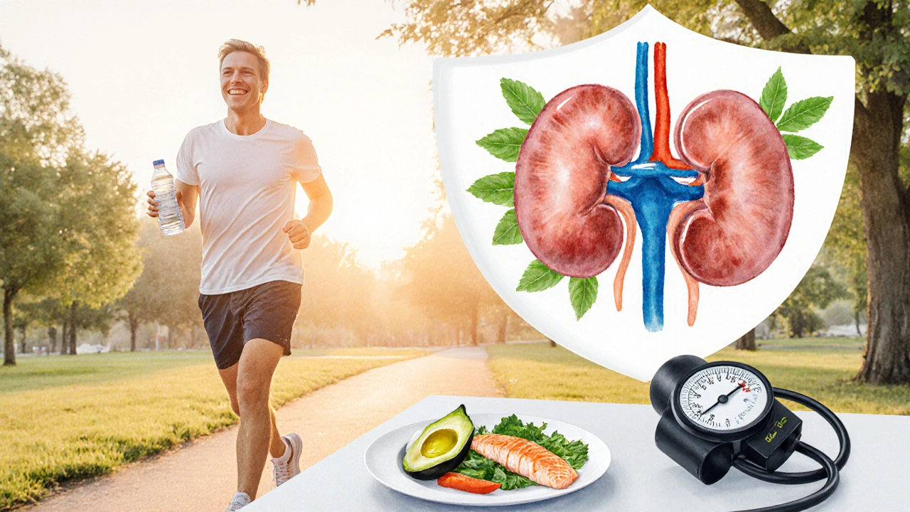 Person walking with water bottle, shielded kidney icon, and healthy foods.