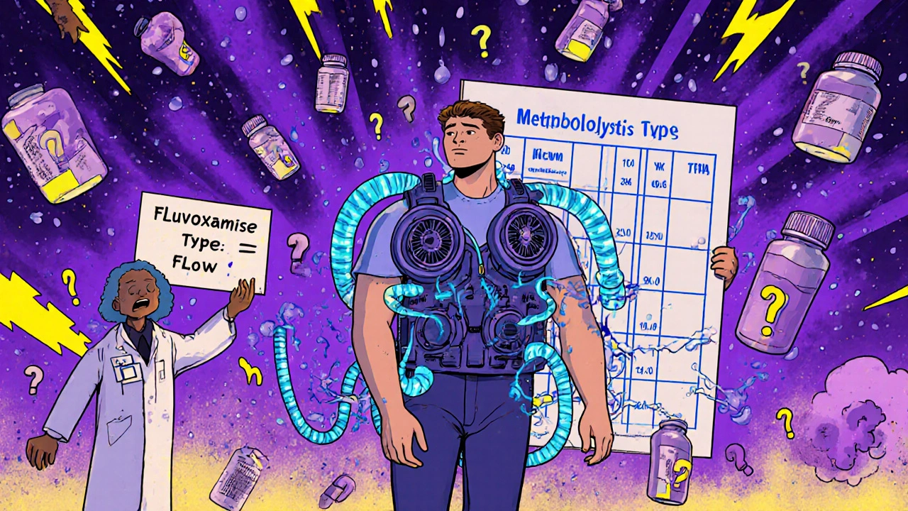 Person wearing a cooling vest walking through a storm of antiperspirant bottles and pill clouds.