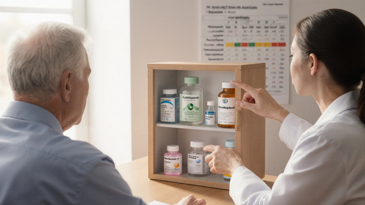 Pharmacy scene with doctor showing six colored medication bottles to patient.
