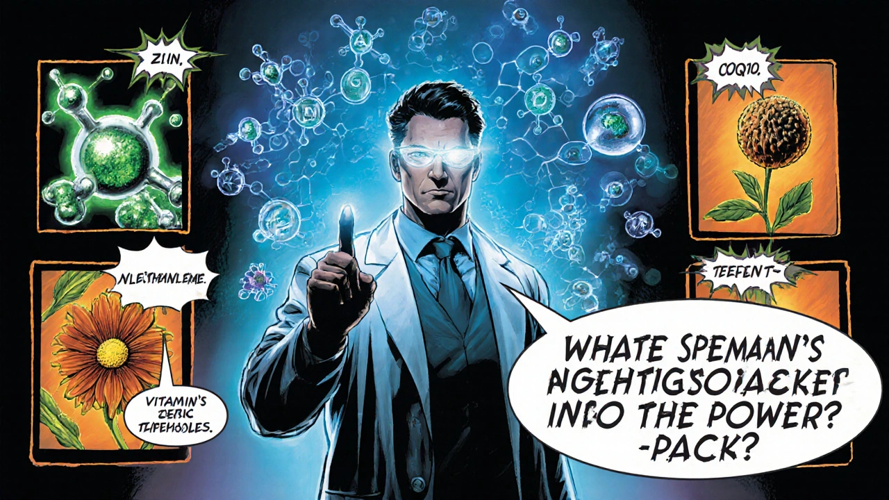 Scientist comic panel displaying Speman&#039;s key ingredients with holographic diagrams and rival callouts.