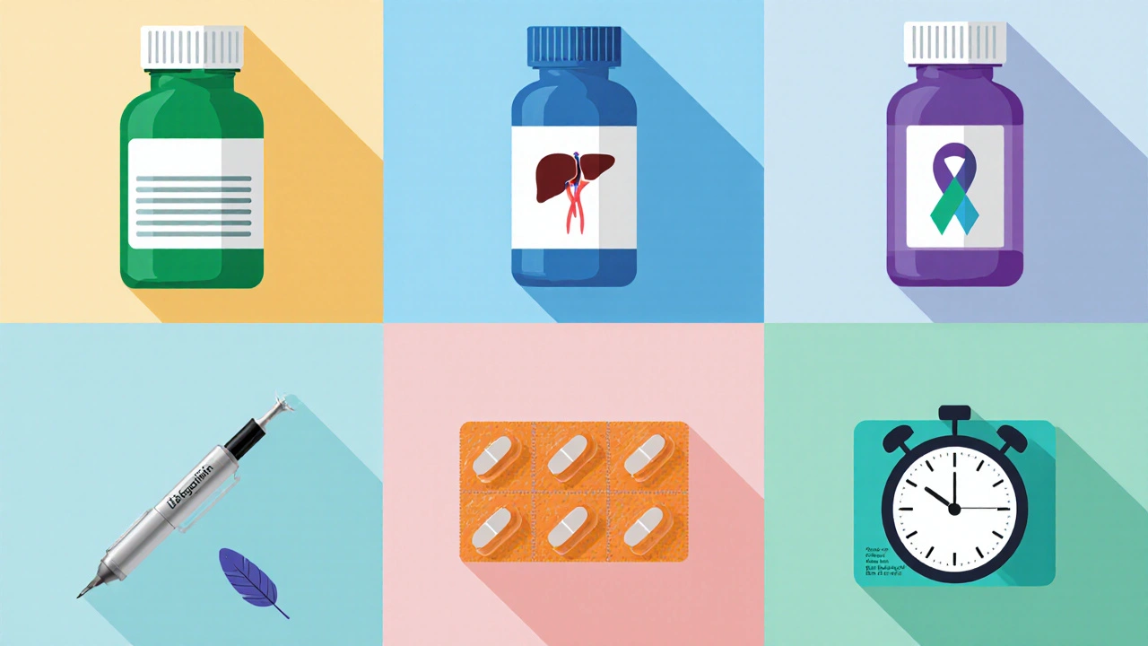 Six panels depicting various diabetes drugs with icons for organ effects and risk levels.