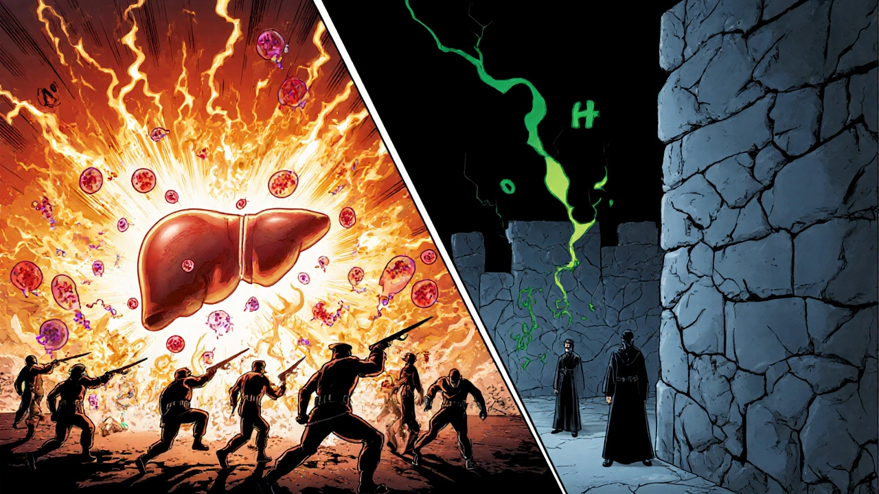 Split comic panel showing acute cytokine storm vs chronic fibrotic liver.