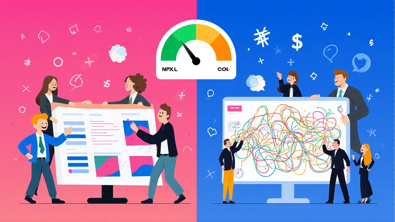 Split scene showing a small team using NPXL happily versus a larger team facing a tangled workflow.