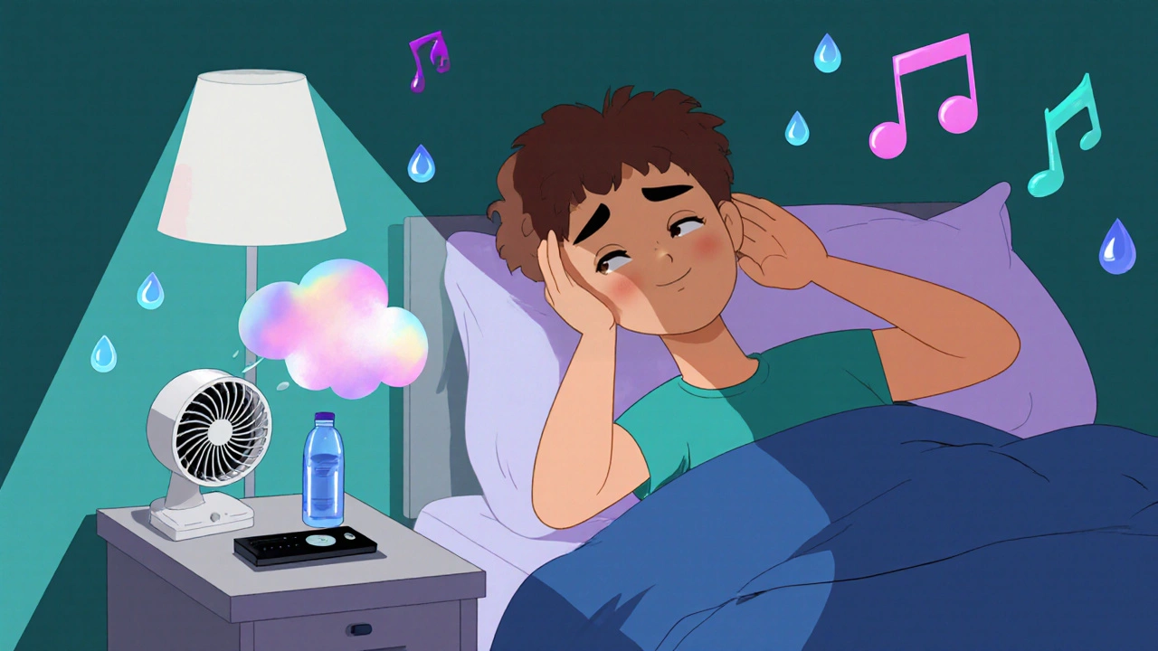 Teen using a fan, ear massage, and water bottle in a calm bedroom setting.