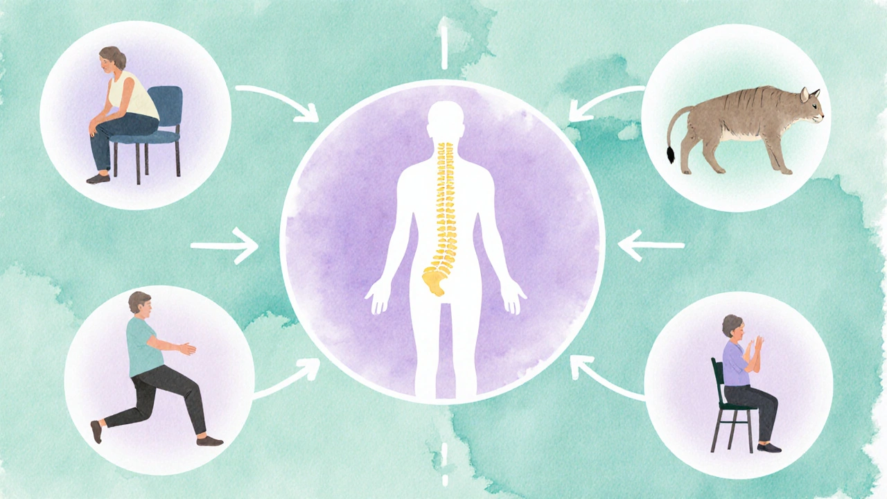 Watercolor collage of five arthritis‑friendly Pilates moves highlighting core, spine, and balance.